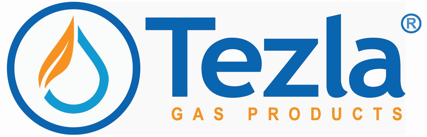 Tezla Gas Products logo with a flame icon and blue and orange colors.