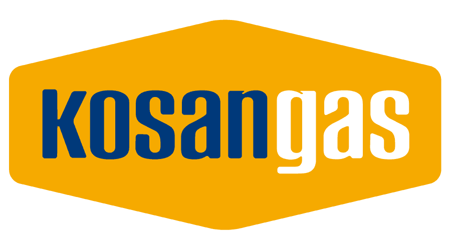 Kosangas logo with blue and white text on a yellow background