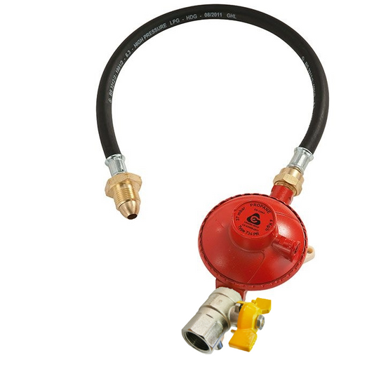 propane gas regulator fitted with a test point shut off valve and a POL pigtail hose