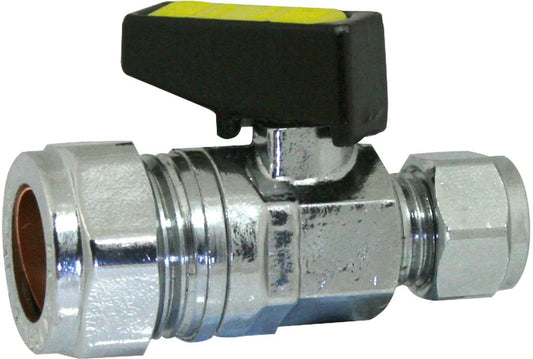 Metal gas reducer ball valve with a black handle on a white background