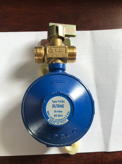 Blue gas regulator with brass manual changeover valve on a white background
