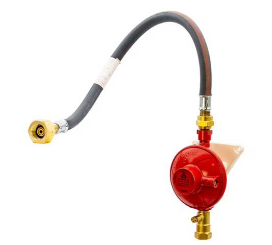 red propane gas regulator with brass test point and pigtail hose fitted