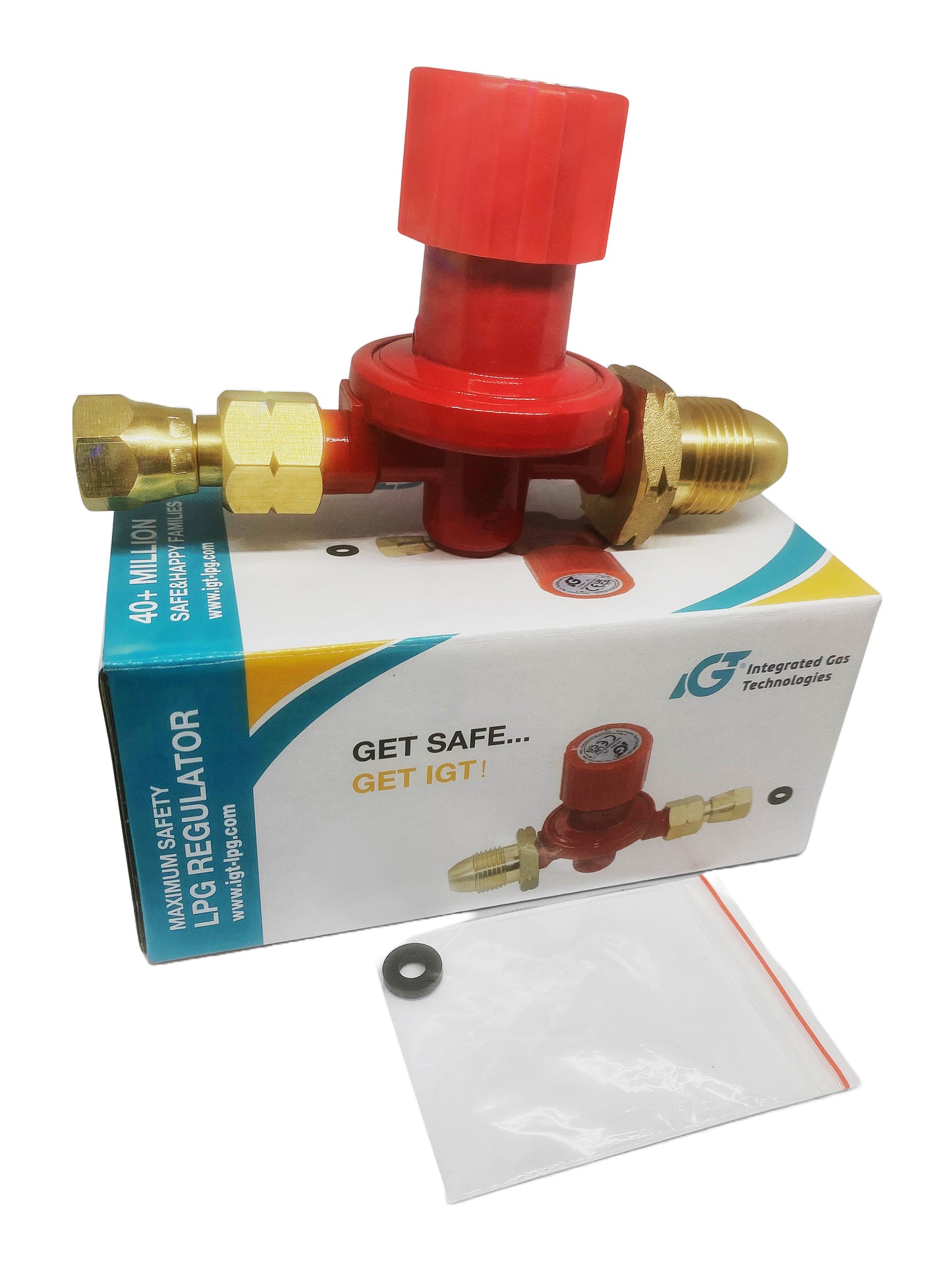 Red high pressure gas regulator with gold accents and Integrated Gas Technologies logo on a white background
