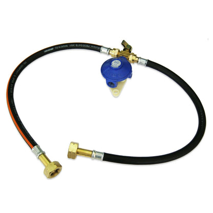 Blue gas regulator with brass manual changeover valve with two butane nut pigtail hoses on a white background
