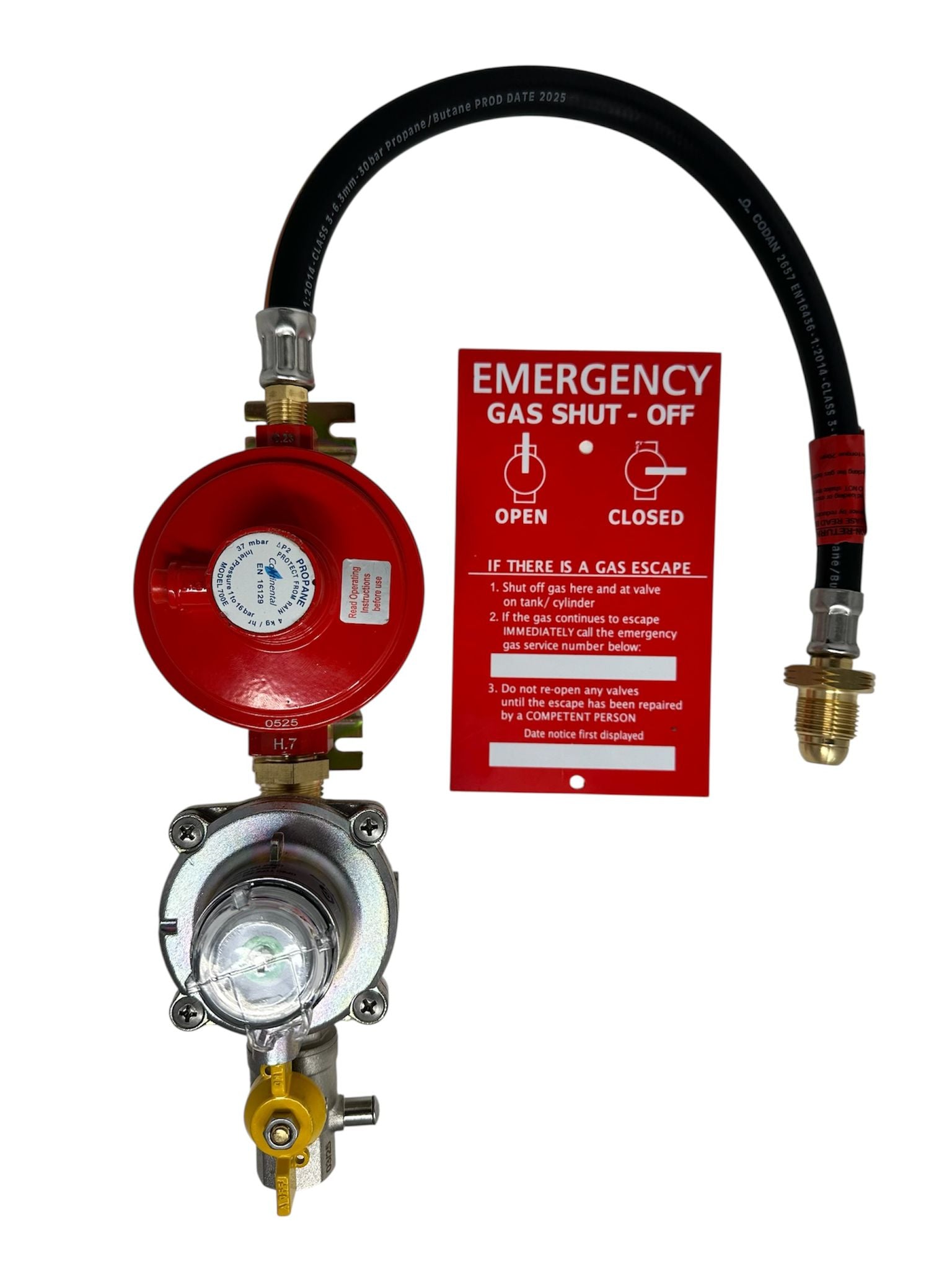 Red gas regulator with hose and emergency gas shut-off sign on a white background