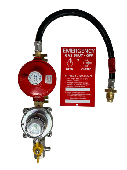 Red gas regulator with hose and emergency gas shut-off sign on a white background
