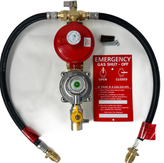 gas regulator set up for two gas cylinder set up with manual changeover valve and OPSO. two gas hose pigtails included with emergency gas safety plaque included also