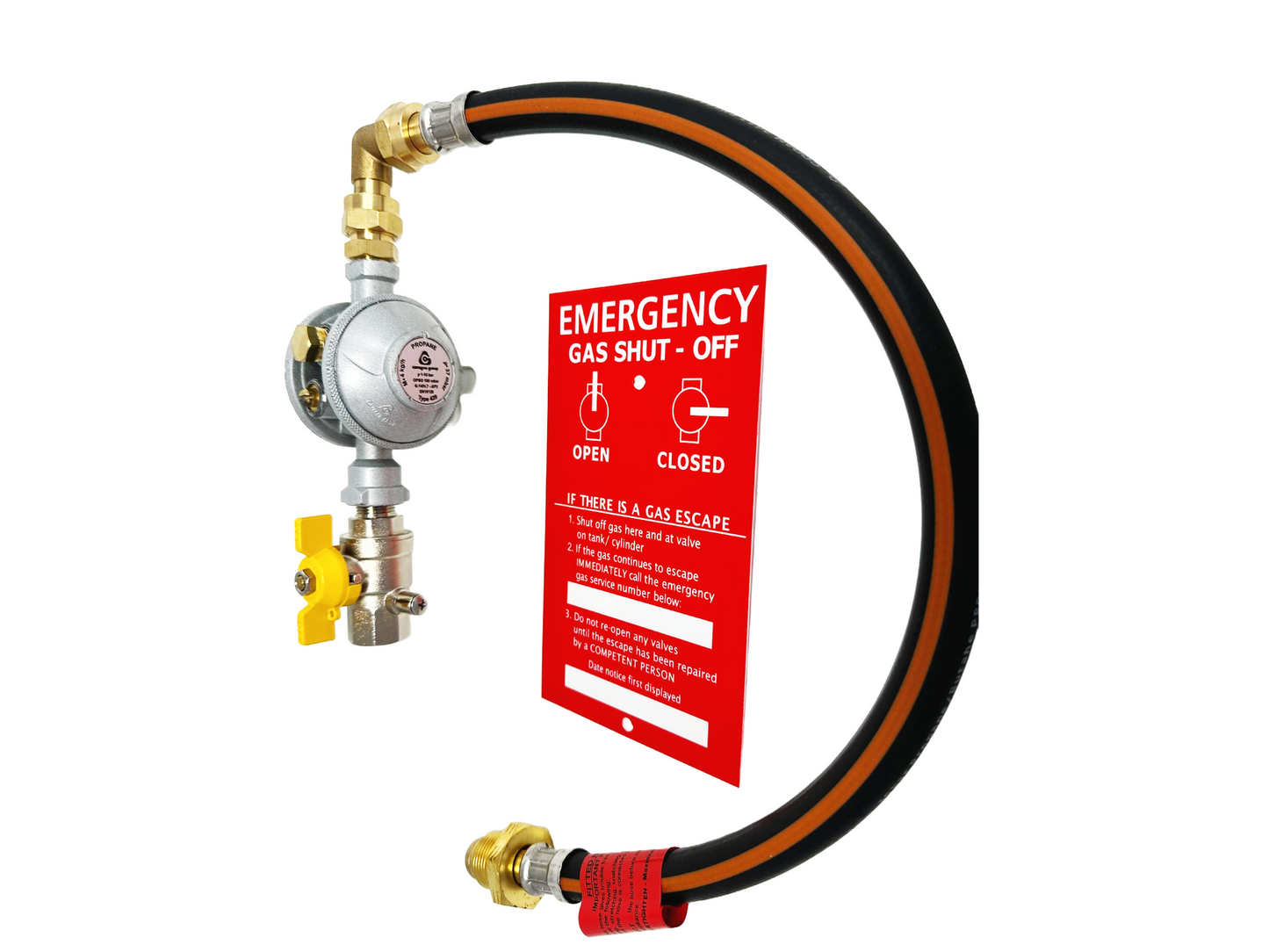 cavagna gas regulator setp for a single gas cylinder with OPSO feature, test point ball valve, gas hose pigtail and a warning safety plaque