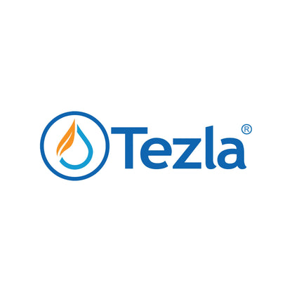Tezla logo with a blue and orange design on a white background