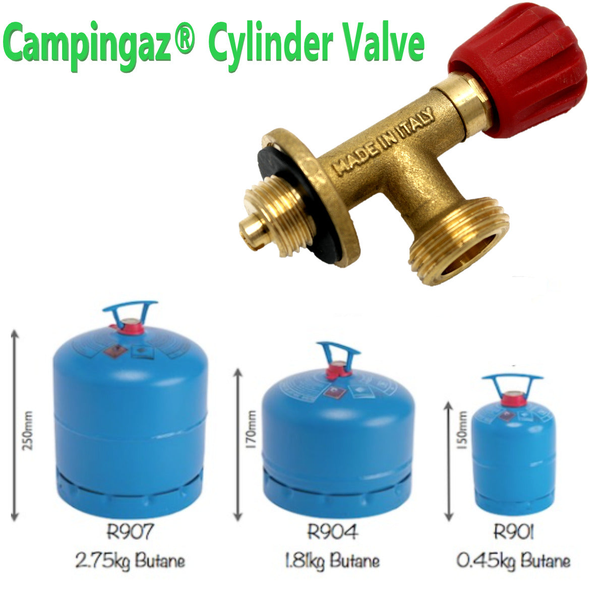 Campingaz cylinder valve with three butane gas cylinders labeled R907, R904, and R901 on a white background.