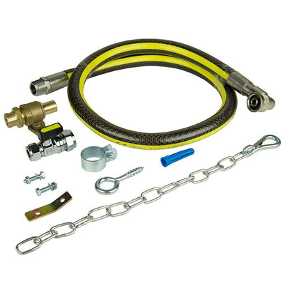 gas cooker installation kit complete with hose, backplate, micrpoint adaptor, ball valve, stability chain and fittings