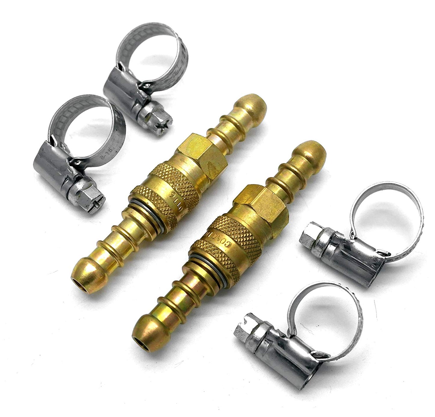 Set of quick release 8mm brass fittings and metal hose clamps on a white background