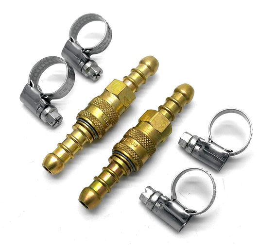 Set of quick release 8mm brass fittings and metal hose clamps on a white background