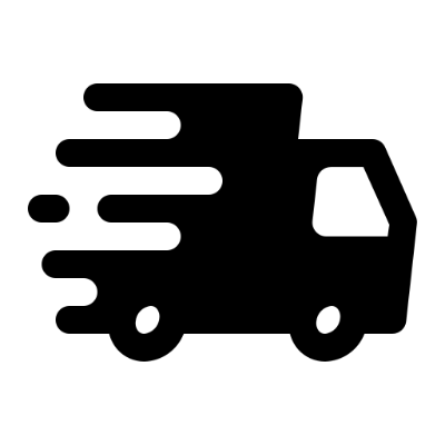 Black silhouette of a delivery truck with speed lines on a white background