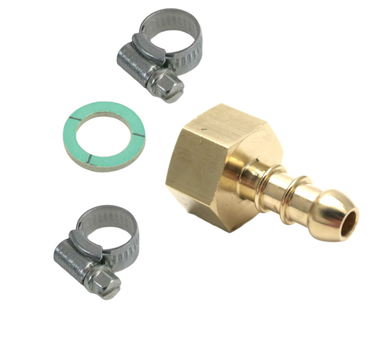 gas female to 8mm nozzle with 2 hose clips and a green fibre washer