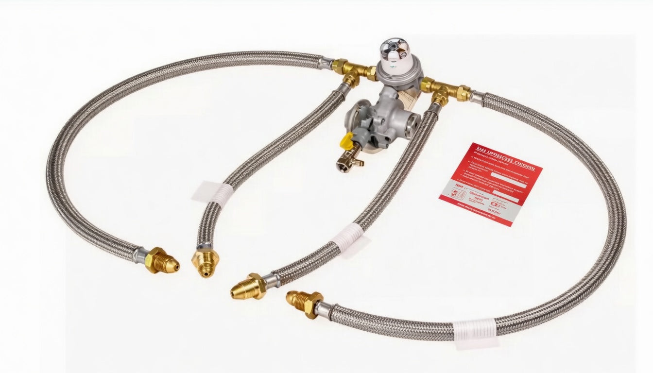 gas opso regulator automatic changeover kit with 4 braided pigtail hoses. Used for 4 cylinder as set ups