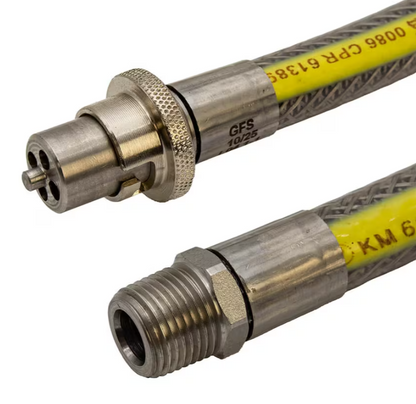 GFS gas hose close up of the straight bayonet connection and the other end with 1/2" bsp male connection