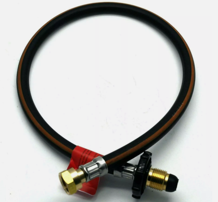 Black rubber pigtail gas hose with handwheel pol and w20 connectors on a white background