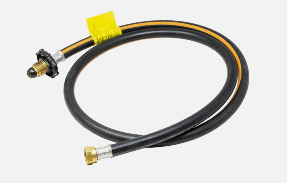 Black rubber pigtail hose with brass handwheel pol and w20 connectors on a white background