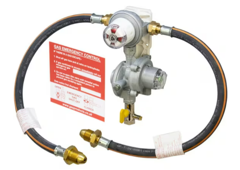 automatic changeover opso regulator kit made by cavagna, fitted with test point and 2 rubber pigtail hoses