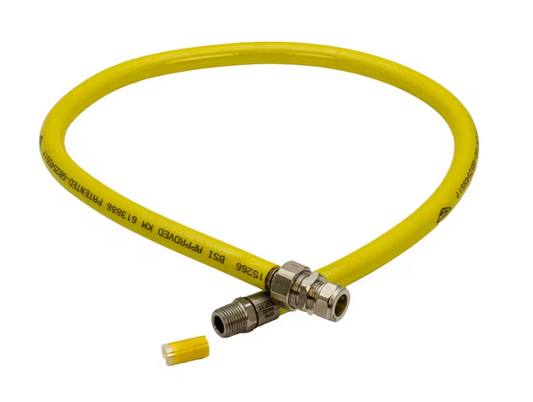 Yellow hose hobline GFS with stainless steel connections on a white background