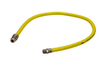 Yellow hose hobline GFS with stainless steel connections on a white background