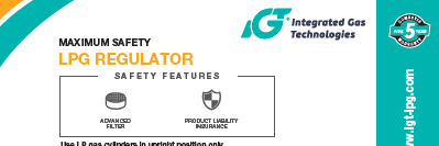 LPG regulator with Integrated Gas Technologies branding and safety features highlighted.