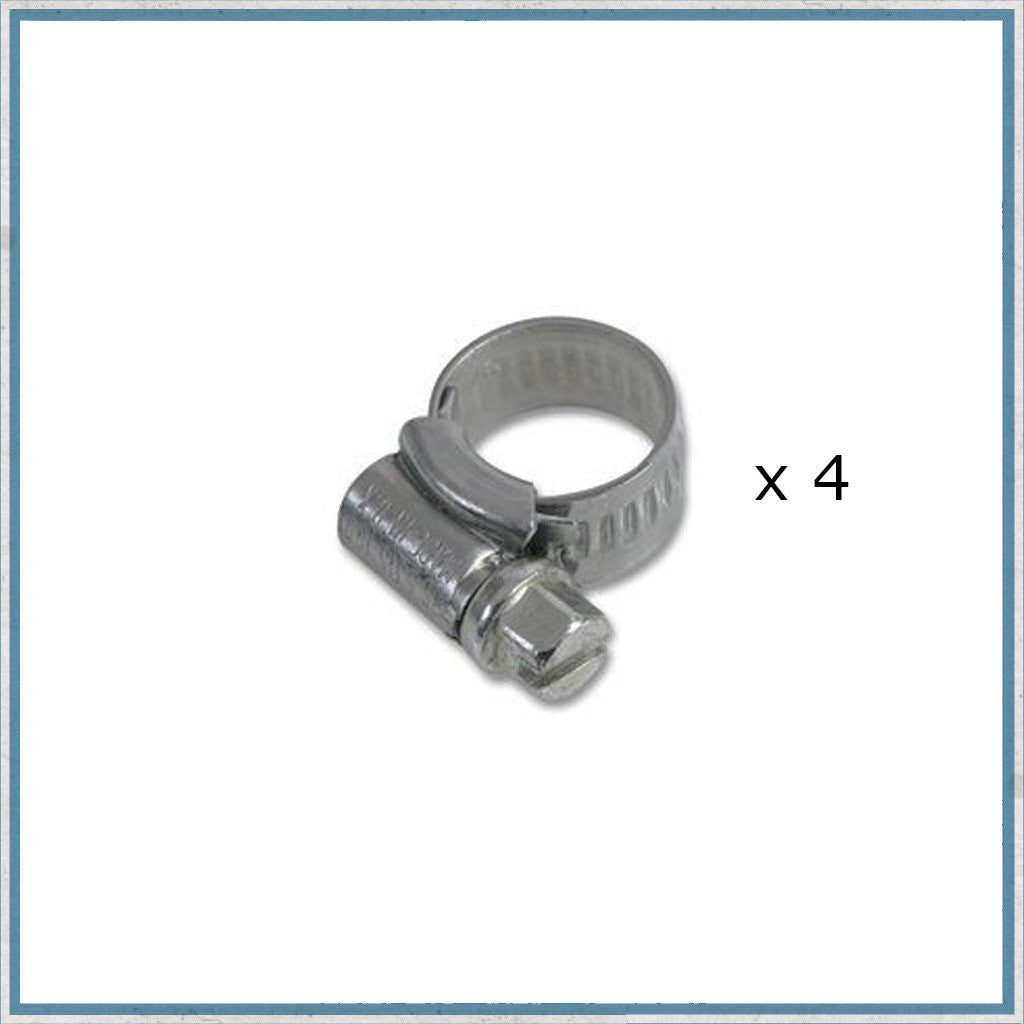 Metal hose clamp with a nut on a white background with a x4 wrote beside.