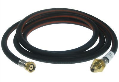 Black rubber pigtail hose with brass pol and w20 connectors on a white background