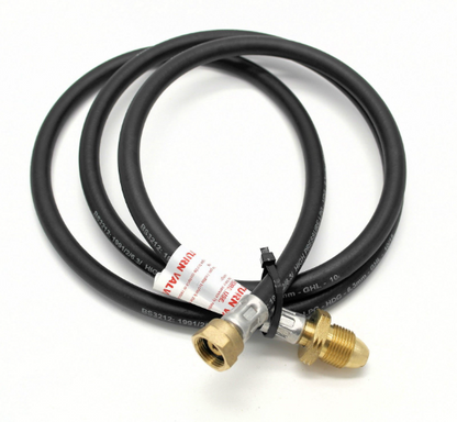 Black rubber pigtail hose with brass pol and w20 connectors on a white background