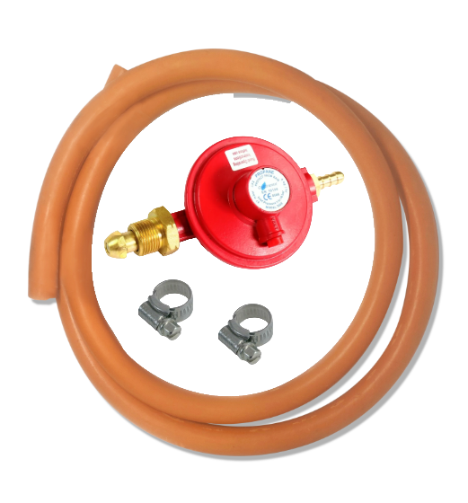 red propane gas regulator with 2 metres of orange gas hose and 2 jubilee clips