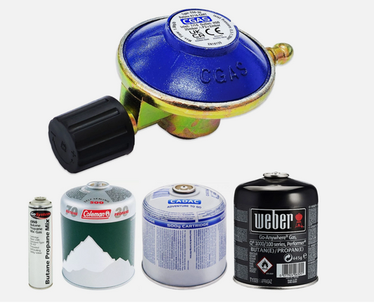 Collection of gas canisters and a weber cartridge regulator on a white background