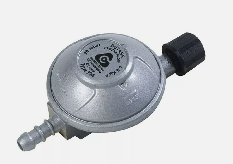 Butane camping gas regulator on a white background