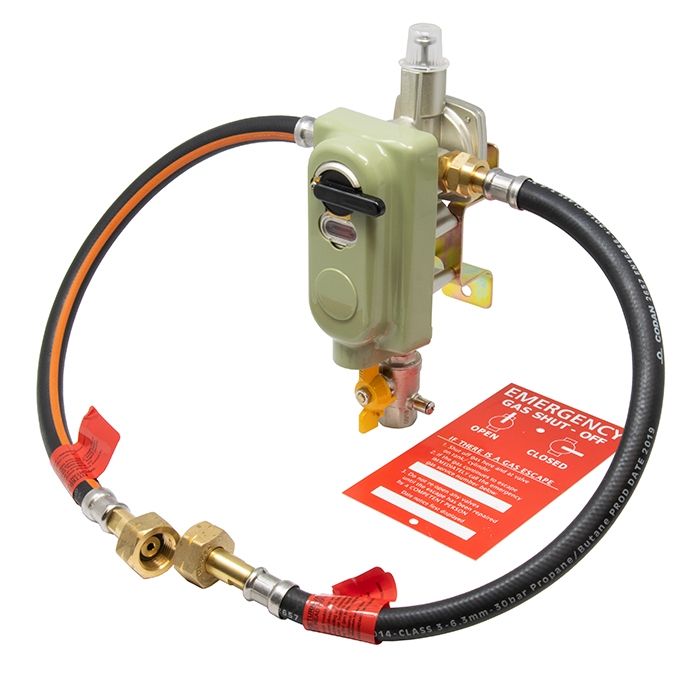 opso gas regulator fitted with test point shut off valve and two gas pigtail hoses with butane nut f valve connection ends