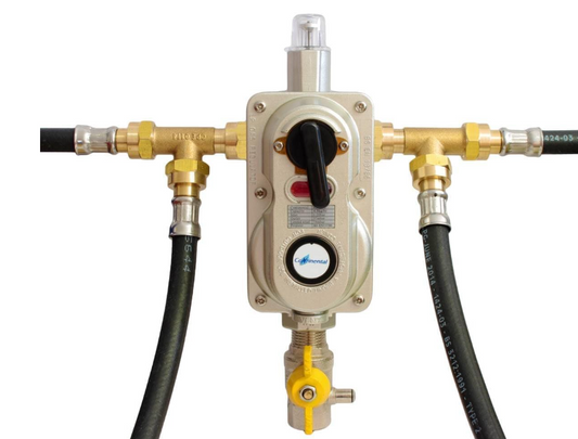 gas regulator type rf6030 with 4 pigtail connections for four gas cylinder set ups. OPSO regulator and automatic changeover