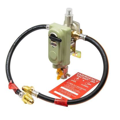 automatic changeover gas regulator with opso, complete with two pol pigtail hoses a test point and gas warning plaque for installation 