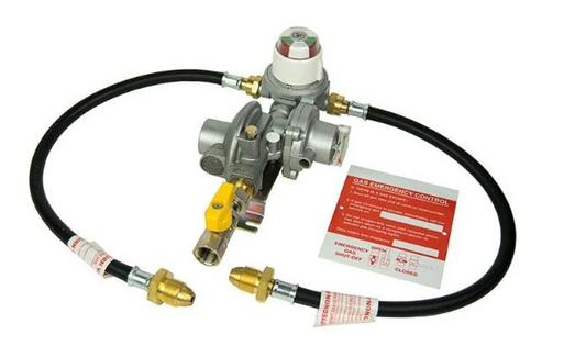 gas regulator twin automatic changeover with opso and prv with two pol pigtails and warning plaque