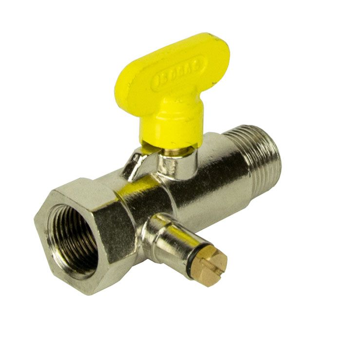 Metal test point ball valve with yellow handle on a white background
