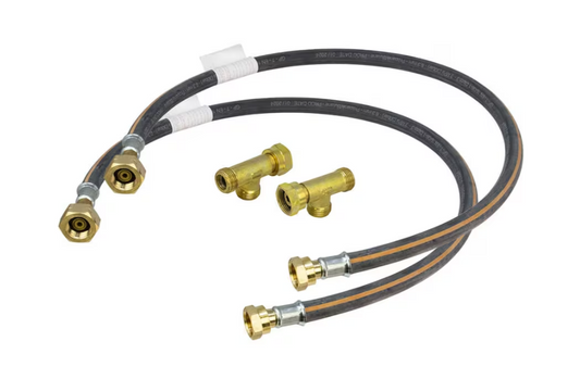 image showing two gas hose pigtails and two tee piece valves